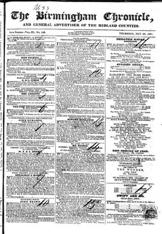 cover page of Birmingham Chronicle published on May 26, 1825
