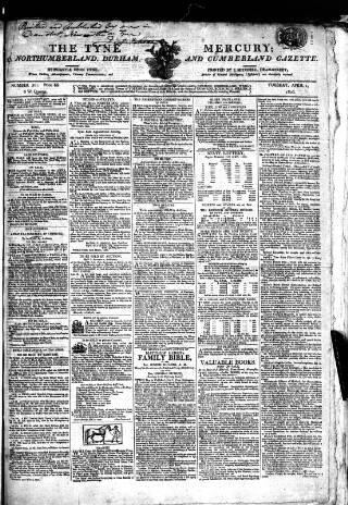 cover page of Tyne Mercury; Northumberland and Durham and Cumberland Gazette published on April 1, 1806