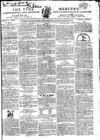 cover page of Tyne Mercury; Northumberland and Durham and Cumberland Gazette published on August 2, 1808