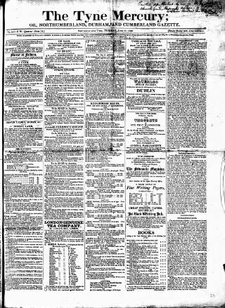cover page of Tyne Mercury; Northumberland and Durham and Cumberland Gazette published on June 13, 1820