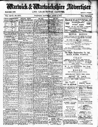 cover page of Warwick and Warwickshire Advertiser published on April 1, 1922