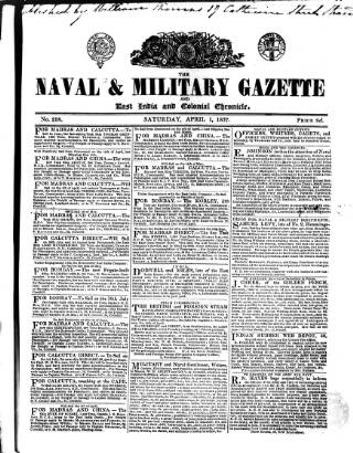 cover page of Naval & Military Gazette and Weekly Chronicle of the United Service published on April 1, 1837