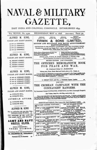 cover page of Naval & Military Gazette and Weekly Chronicle of the United Service published on May 22, 1878