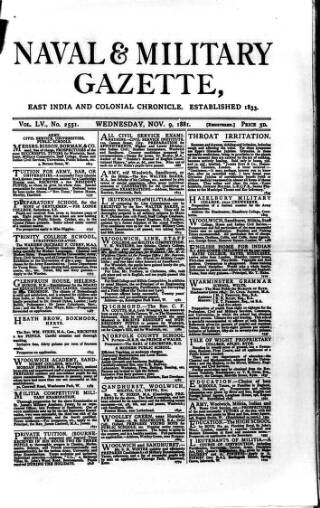cover page of Naval & Military Gazette and Weekly Chronicle of the United Service published on November 2, 1881
