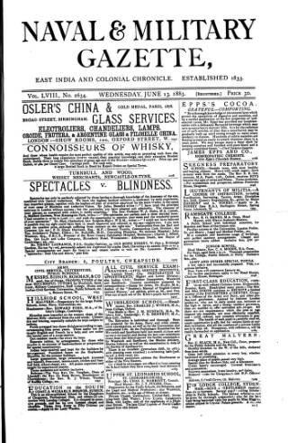 cover page of Naval & Military Gazette and Weekly Chronicle of the United Service published on June 13, 1883