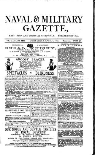 cover page of Naval & Military Gazette and Weekly Chronicle of the United Service published on April 1, 1885