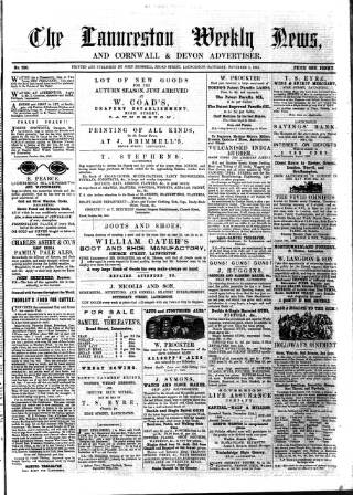 cover page of Launceston Weekly News, and Cornwall & Devon Advertiser. published on November 2, 1861