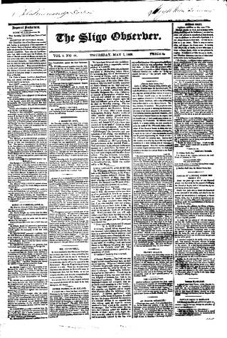 cover page of Sligo Observer published on May 7, 1829