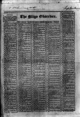 cover page of Sligo Observer published on September 30, 1830