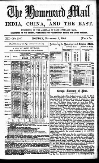 cover page of Homeward Mail from India, China and the East published on November 2, 1868