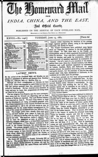 cover page of Homeward Mail from India, China and the East published on June 13, 1882