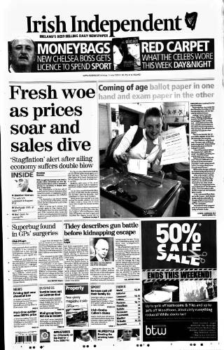 cover page of Irish Independent published on June 13, 2008