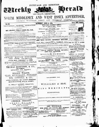 cover page of Tottenham and Edmonton Weekly Herald published on June 13, 1874