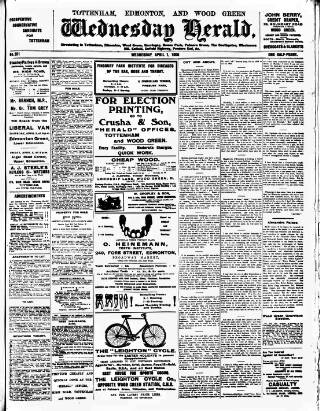 cover page of Tottenham and Edmonton Weekly Herald published on April 1, 1908