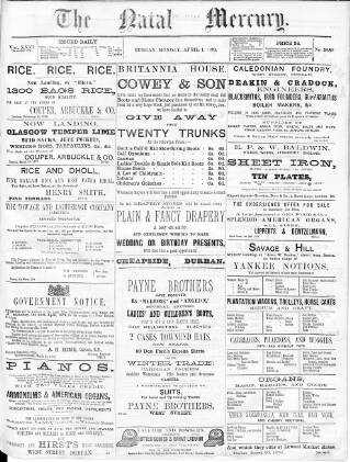 cover page of Natal Mercury published on April 1, 1878