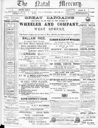 cover page of Natal Mercury published on May 22, 1878