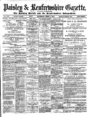 cover page of Paisley & Renfrewshire Gazette published on April 1, 1899