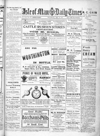 cover page of Isle of Man Daily Times published on May 22, 1907