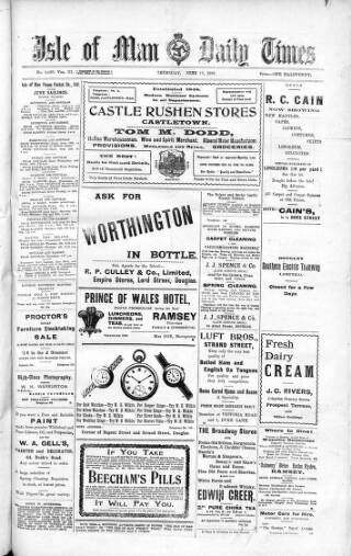 cover page of Isle of Man Daily Times published on June 13, 1907