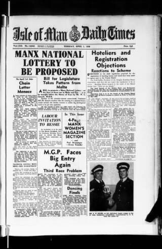 cover page of Isle of Man Daily Times published on April 1, 1958
