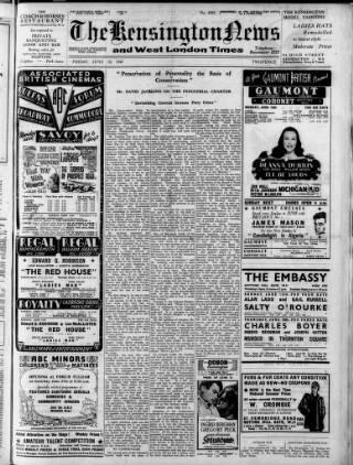 cover page of Kensington News and West London Times published on June 13, 1947