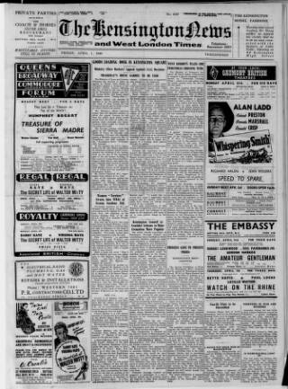 cover page of Kensington News and West London Times published on April 1, 1949