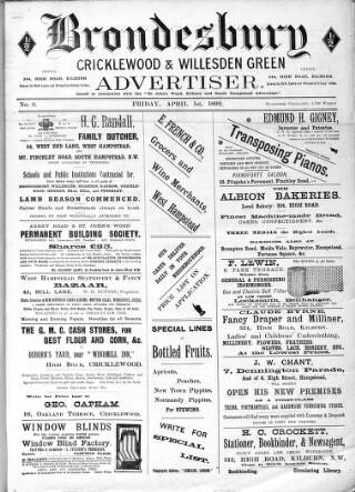 cover page of Brondesbury, Cricklewood & Willesden Green Advertiser published on April 1, 1892