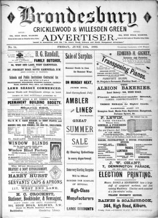 cover page of Brondesbury, Cricklewood & Willesden Green Advertiser published on June 17, 1892
