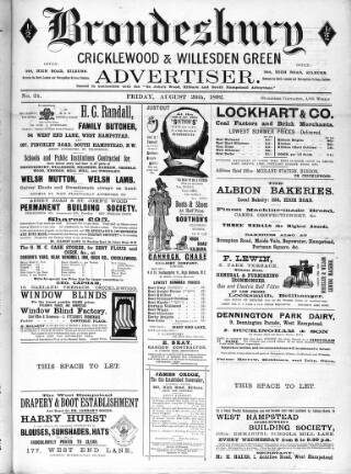 cover page of Brondesbury, Cricklewood & Willesden Green Advertiser published on August 26, 1892