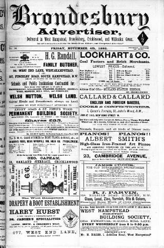cover page of Brondesbury, Cricklewood & Willesden Green Advertiser published on November 4, 1892