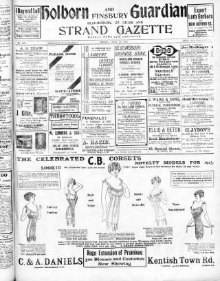 cover page of Holborn and Finsbury Guardian published on June 13, 1913
