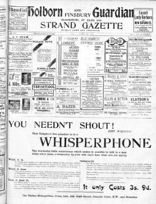 cover page of Holborn and Finsbury Guardian published on August 29, 1913