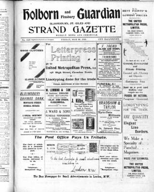 cover page of Holborn and Finsbury Guardian published on May 26, 1916