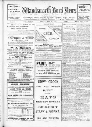 cover page of Wandsworth Borough News published on May 22, 1908