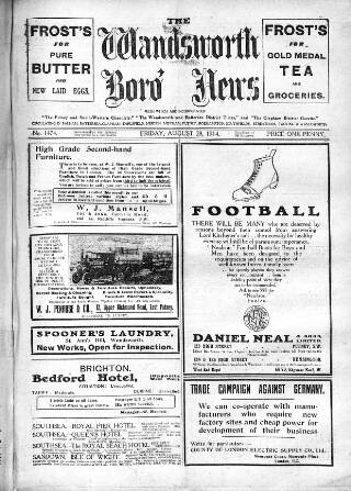 cover page of Wandsworth Borough News published on August 28, 1914