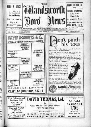 cover page of Wandsworth Borough News published on April 4, 1919