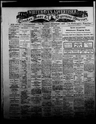 cover page of Whitehaven Advertiser and Cleator Moor and Egremont Observer published on April 1, 1911