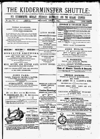 cover page of Kidderminster Times and Advertiser for Bewdley & Stourport published on April 1, 1876
