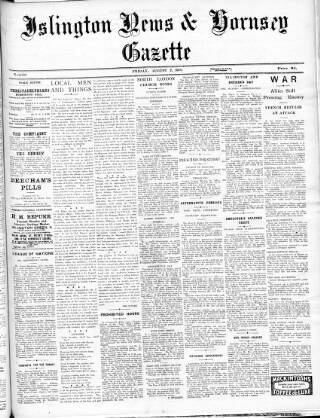cover page of Islington News and Hornsey Gazette published on August 2, 1918