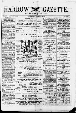 cover page of Harrow Gazette published on April 1, 1876