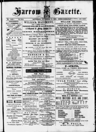 cover page of Harrow Gazette published on November 2, 1889