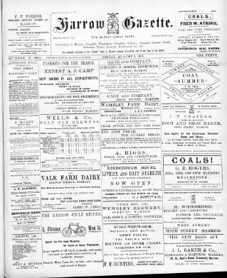 cover page of Harrow Gazette published on August 2, 1907