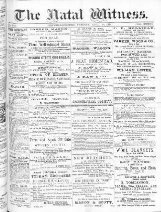 cover page of Natal Witness published on April 30, 1878