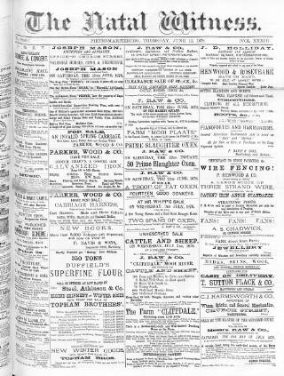 cover page of Natal Witness published on June 13, 1878