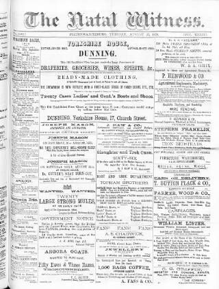 cover page of Natal Witness published on August 27, 1878