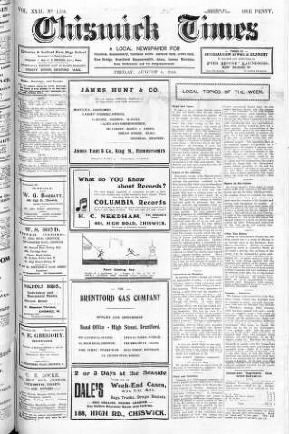 cover page of Chiswick Times published on August 4, 1916