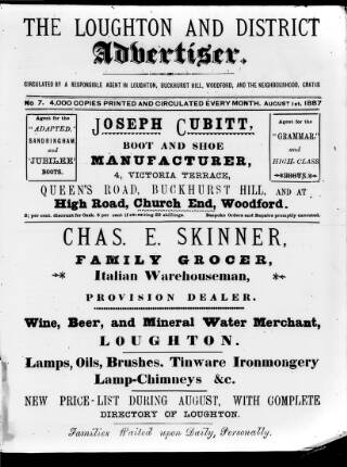 cover page of Loughton and District Advertiser published on August 1, 1887