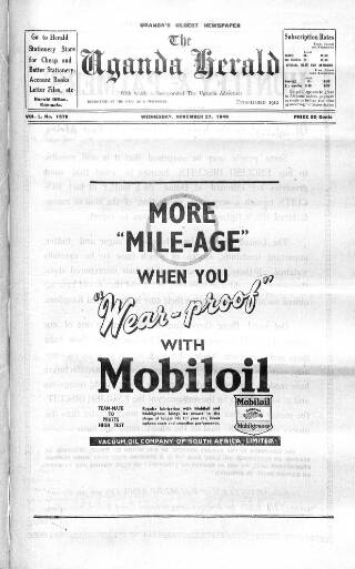 cover page of Uganda Herald published on November 27, 1940