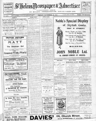 cover page of St. Helens Newspaper & Advertiser published on November 29, 1918