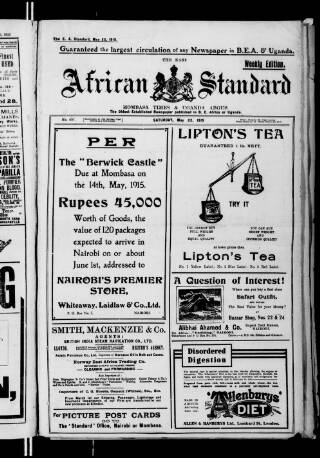 cover page of East African Standard published on May 22, 1915